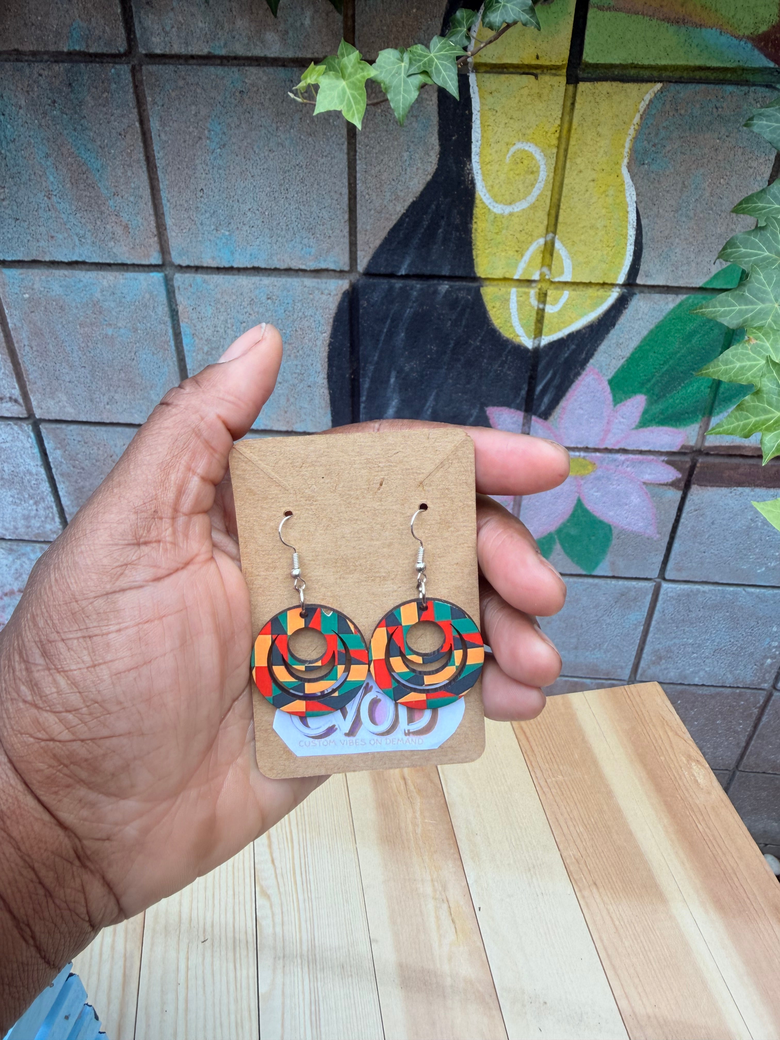 Green red yellow pattern Earrings